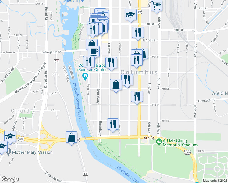 map of restaurants, bars, coffee shops, grocery stores, and more near 644 1st Avenue in Columbus