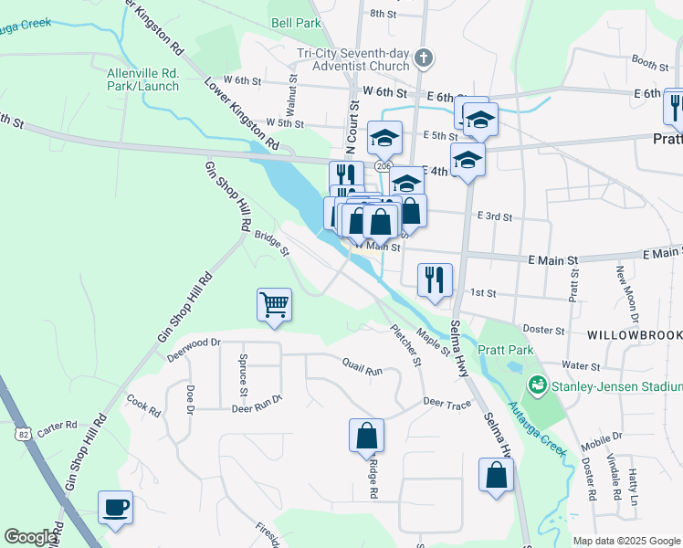 map of restaurants, bars, coffee shops, grocery stores, and more near 115 Maple Street in Prattville