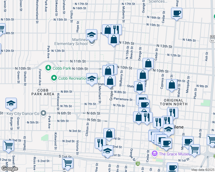 map of restaurants, bars, coffee shops, grocery stores, and more near 834 Grape Street in Abilene