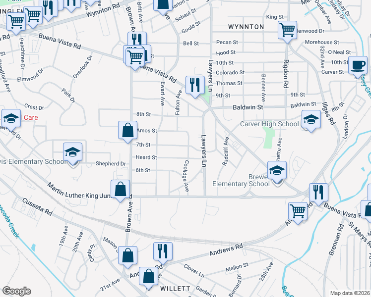 map of restaurants, bars, coffee shops, grocery stores, and more near 2506 7th Street in Columbus