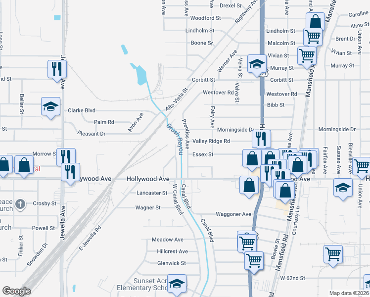 map of restaurants, bars, coffee shops, grocery stores, and more near 5518 Prentiss Avenue in Shreveport