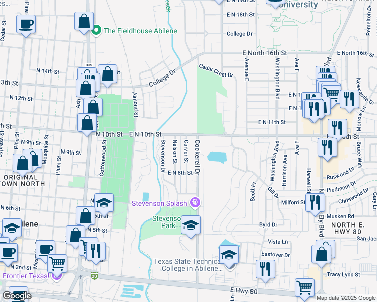 map of restaurants, bars, coffee shops, grocery stores, and more near 909 Carver Street in Abilene