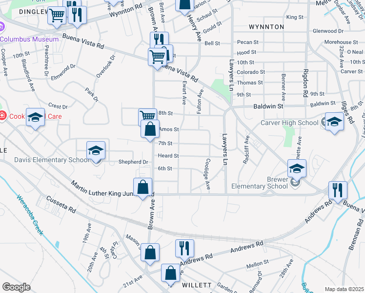 map of restaurants, bars, coffee shops, grocery stores, and more near 2306 7th Street in Columbus