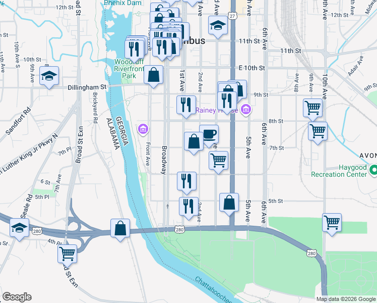 map of restaurants, bars, coffee shops, grocery stores, and more near 106 7th Street in Columbus
