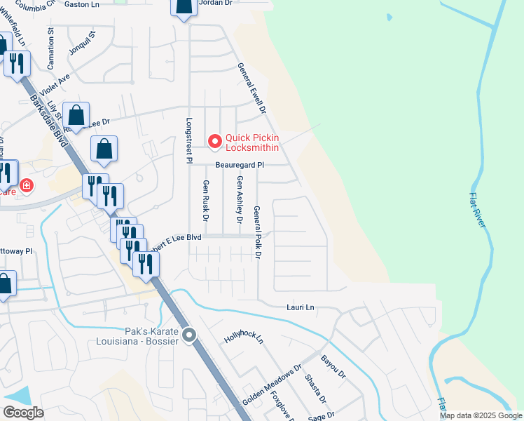 map of restaurants, bars, coffee shops, grocery stores, and more near 106 Antietam Drive in Bossier City