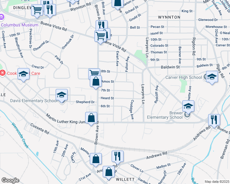 map of restaurants, bars, coffee shops, grocery stores, and more near 2300 7th Street in Columbus