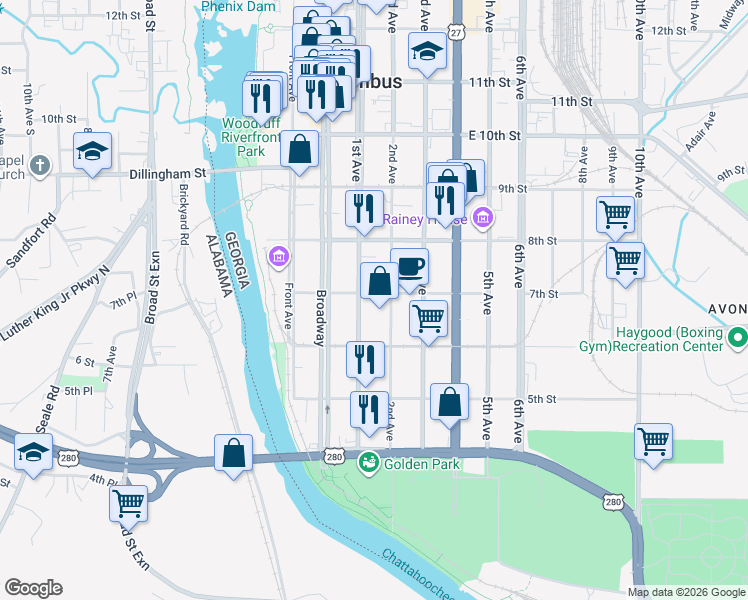 map of restaurants, bars, coffee shops, grocery stores, and more near 644 1st Avenue in Columbus