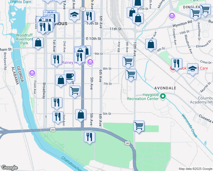 map of restaurants, bars, coffee shops, grocery stores, and more near 614 7th Street in Columbus
