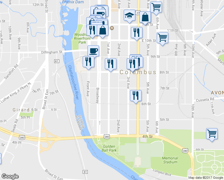 map of restaurants, bars, coffee shops, grocery stores, and more near 644 1st Avenue in Columbus