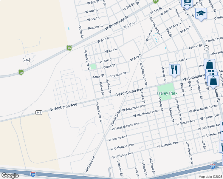 map of restaurants, bars, coffee shops, grocery stores, and more near 1220 West Alabama Avenue in Sweetwater