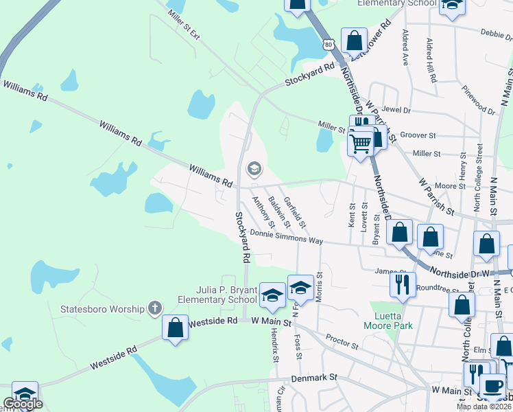 map of restaurants, bars, coffee shops, grocery stores, and more near 113 Anthony Street in Statesboro