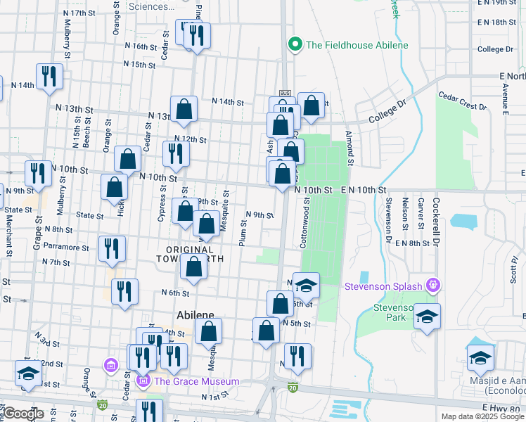 map of restaurants, bars, coffee shops, grocery stores, and more near 520 North 9th Street in Abilene