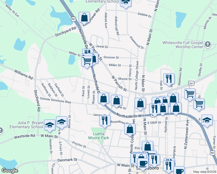 map of restaurants, bars, coffee shops, grocery stores, and more near 8 Williams Road in Statesboro