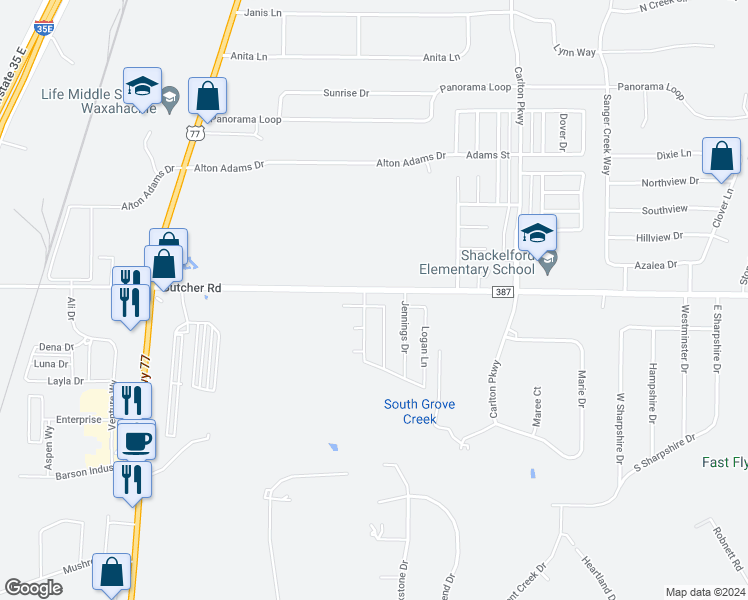 map of restaurants, bars, coffee shops, grocery stores, and more near 903 Peaceful Trail in Waxahachie