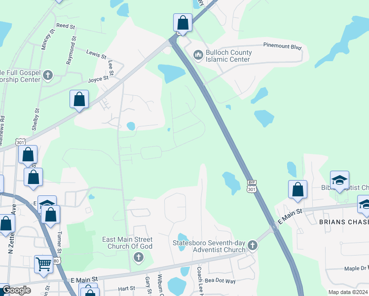 map of restaurants, bars, coffee shops, grocery stores, and more near 34 Ramble Road in Statesboro