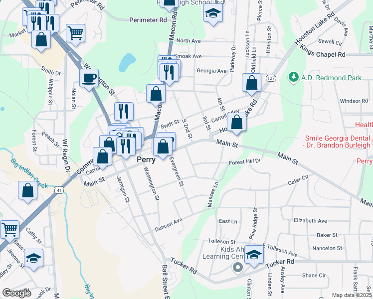 map of restaurants, bars, coffee shops, grocery stores, and more near 906 School Street in Perry