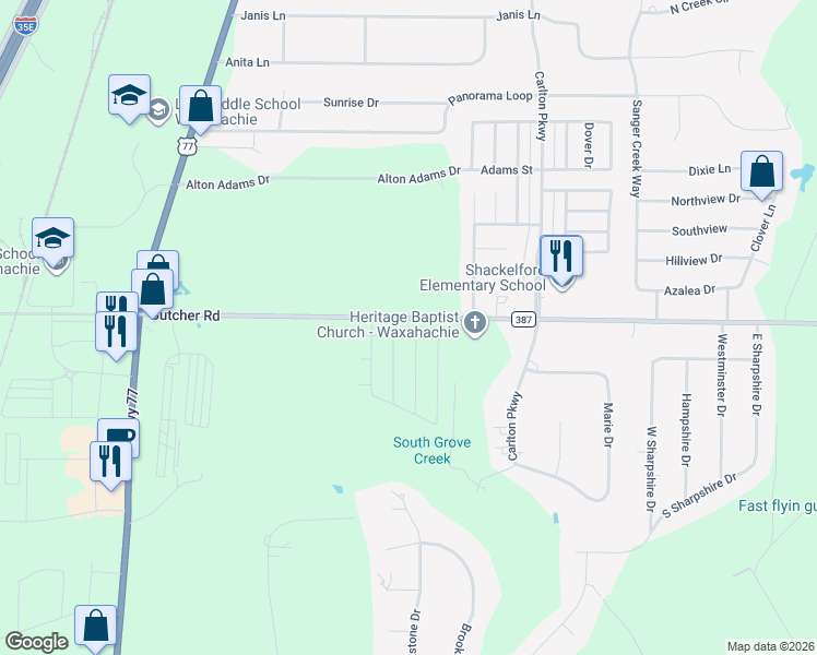 map of restaurants, bars, coffee shops, grocery stores, and more near 104 Logan Lane in Waxahachie