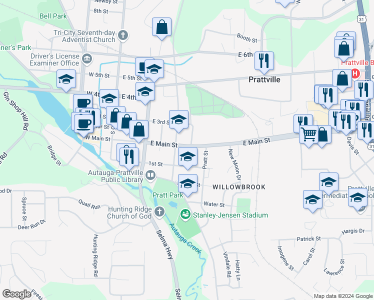 map of restaurants, bars, coffee shops, grocery stores, and more near 310 Moncrief Street in Prattville