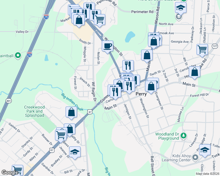 map of restaurants, bars, coffee shops, grocery stores, and more near 735 Commerce Street in Perry