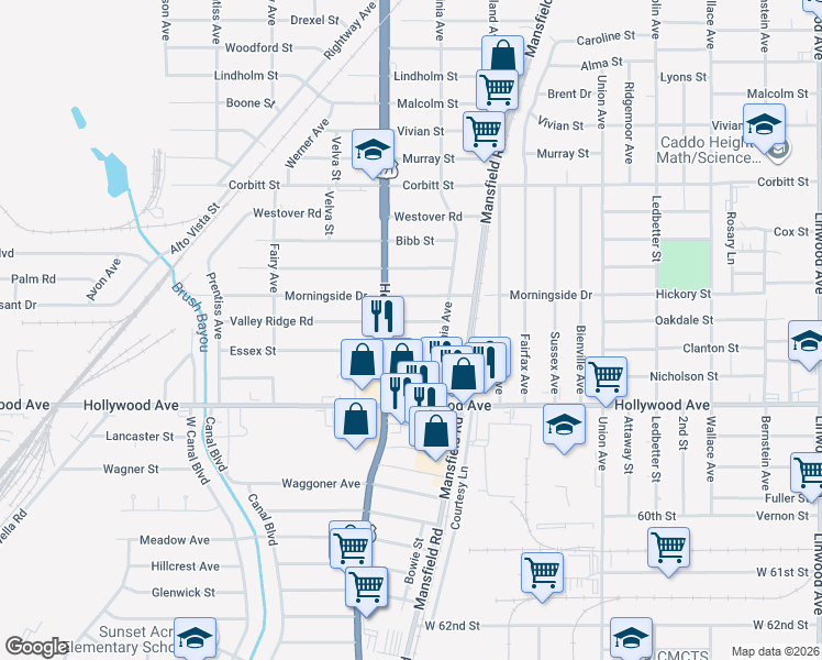map of restaurants, bars, coffee shops, grocery stores, and more near 2624 Essex Street in Shreveport