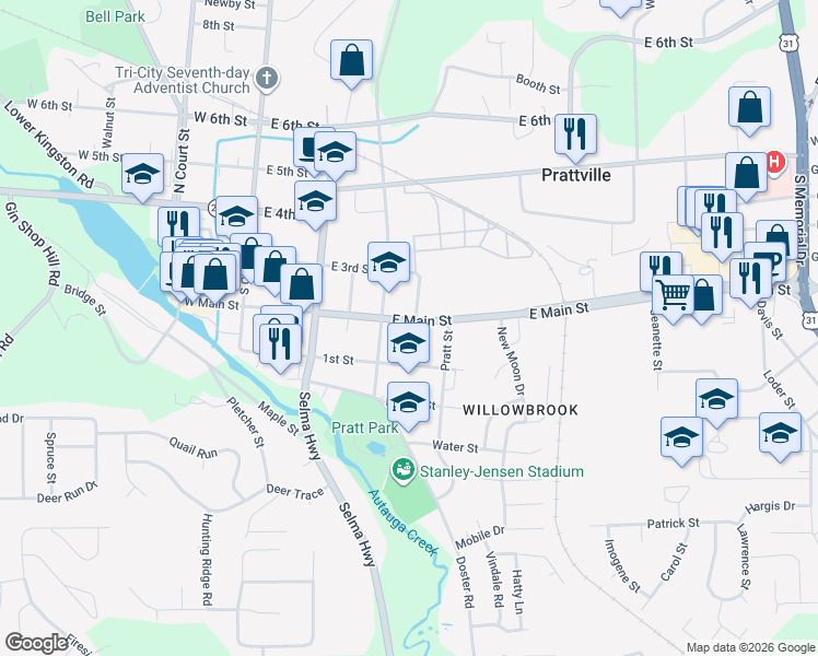 map of restaurants, bars, coffee shops, grocery stores, and more near 328 East Main Street in Prattville
