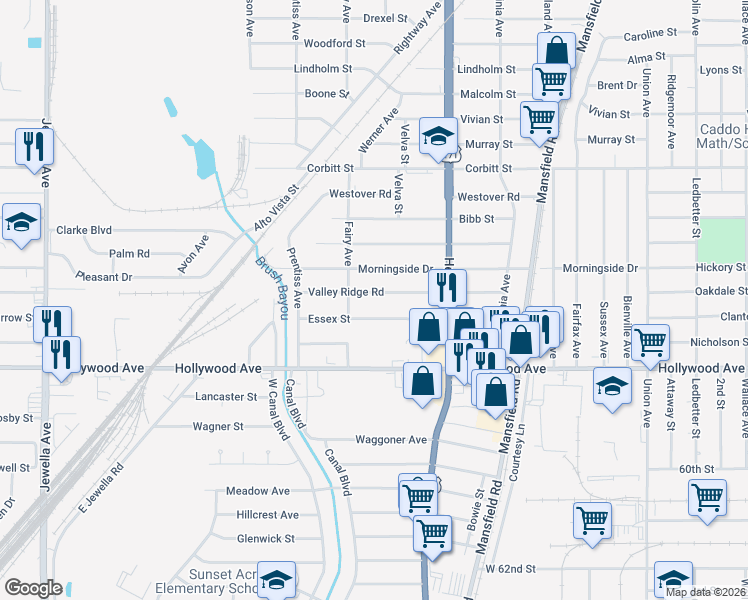 map of restaurants, bars, coffee shops, grocery stores, and more near 2824 Essex Street in Shreveport