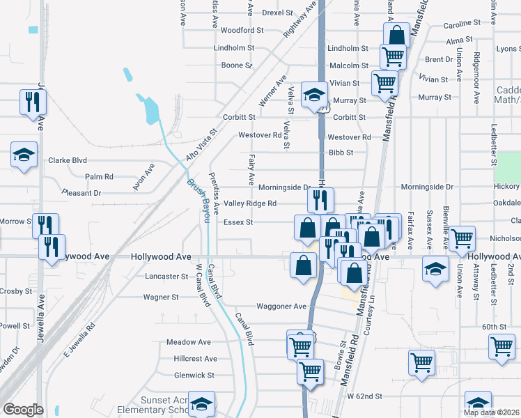 map of restaurants, bars, coffee shops, grocery stores, and more near 3004 Essex Street in Shreveport