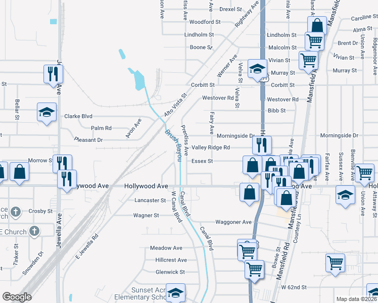 map of restaurants, bars, coffee shops, grocery stores, and more near 3040 Essex Street in Shreveport