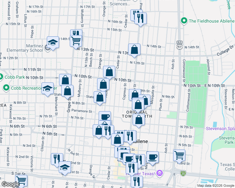 map of restaurants, bars, coffee shops, grocery stores, and more near 881 Cedar Street in Abilene