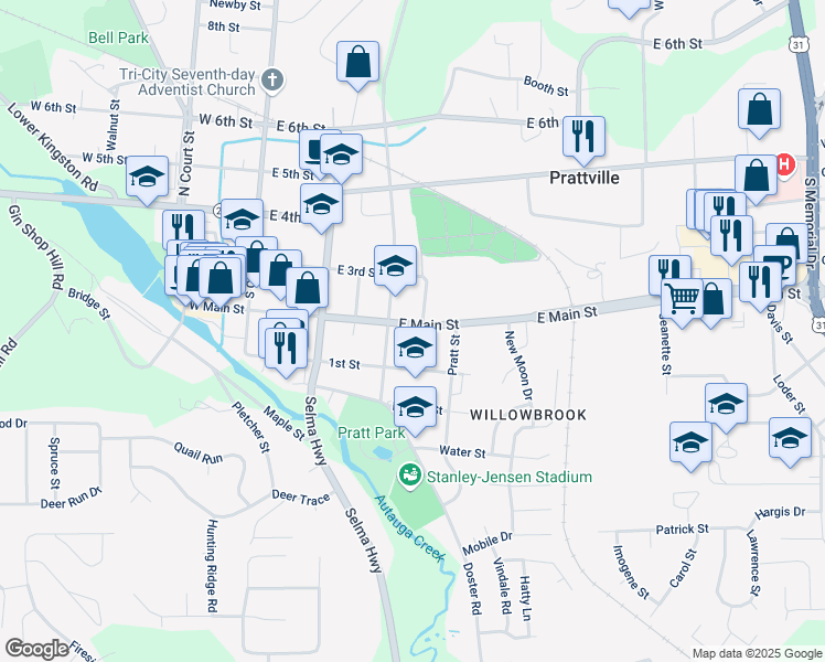 map of restaurants, bars, coffee shops, grocery stores, and more near 333 Moncrief Street in Prattville