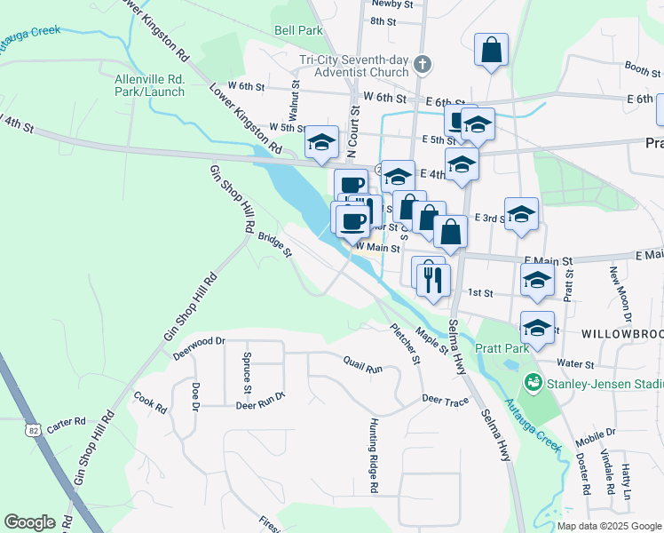map of restaurants, bars, coffee shops, grocery stores, and more near 140-198 Bridge Street in Prattville