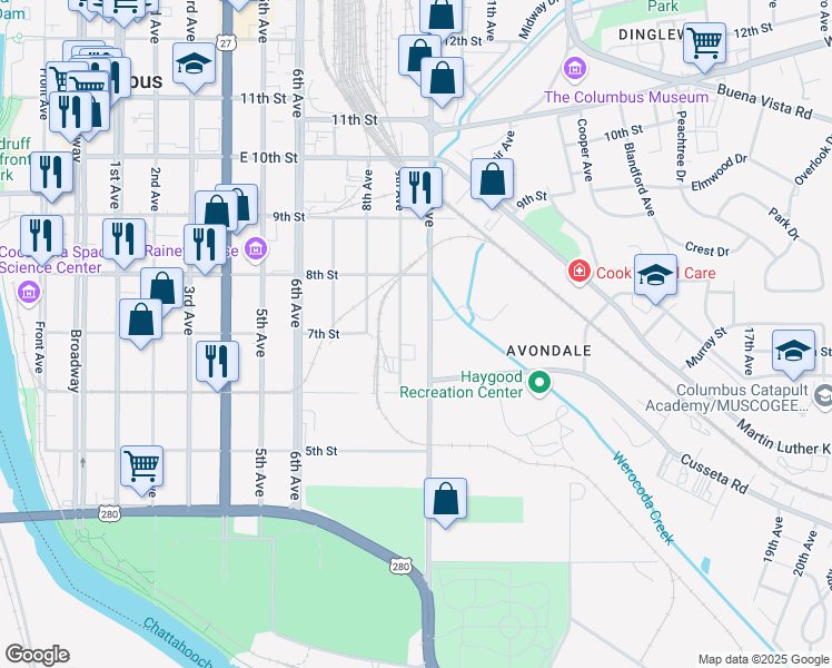 map of restaurants, bars, coffee shops, grocery stores, and more near 900 8th Street in Columbus