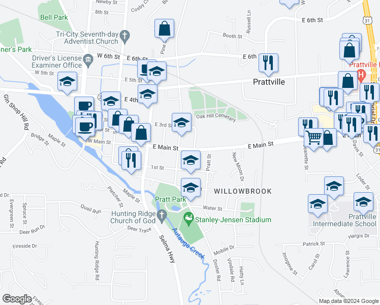 map of restaurants, bars, coffee shops, grocery stores, and more near 308 Moncrief Street in Prattville