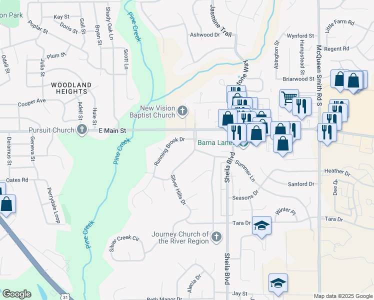 map of restaurants, bars, coffee shops, grocery stores, and more near 716 Silver Hills Drive in Prattville