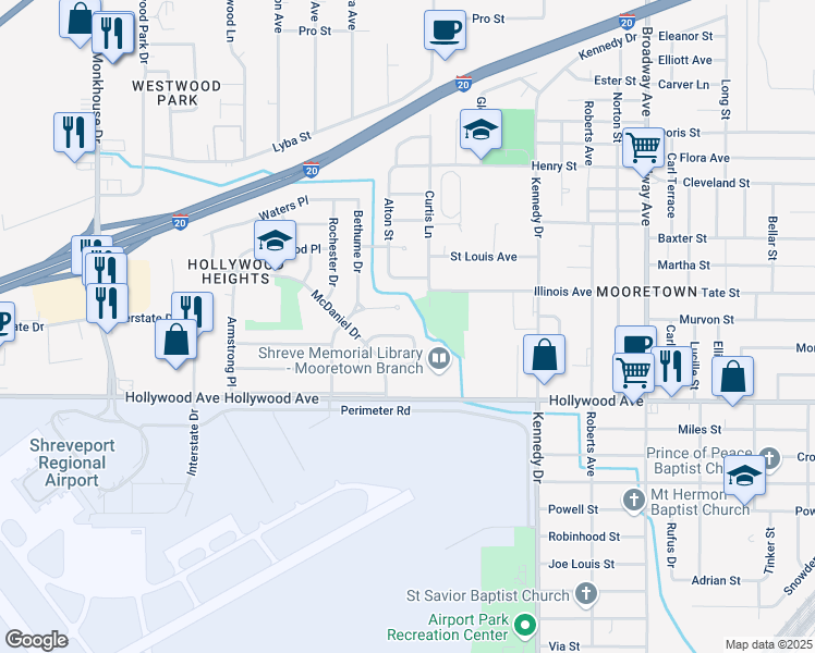map of restaurants, bars, coffee shops, grocery stores, and more near 4706 Paseo Circle in Shreveport