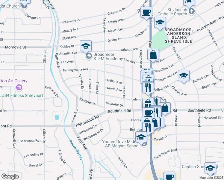 map of restaurants, bars, coffee shops, grocery stores, and more near 367 Gloria Avenue in Shreveport