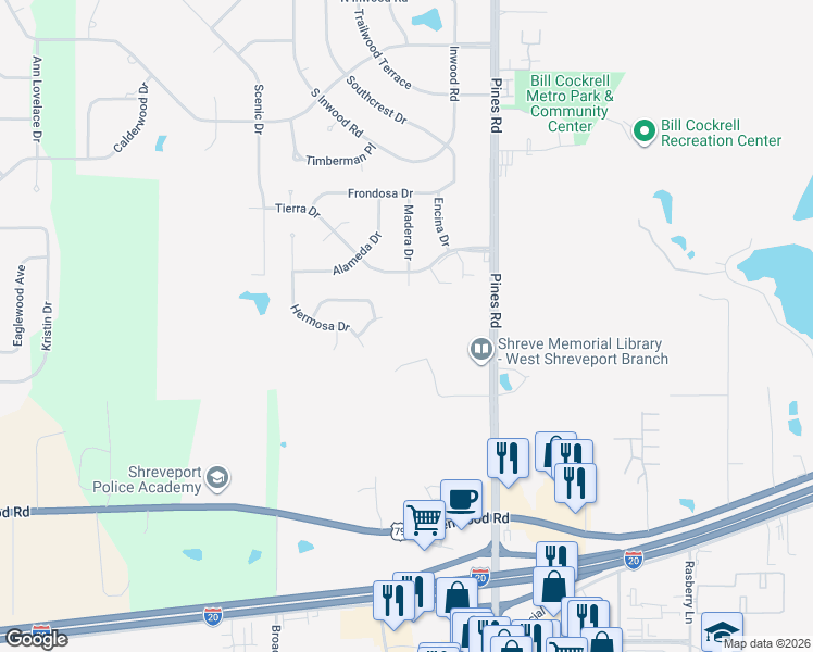 map of restaurants, bars, coffee shops, grocery stores, and more near 4312 Flores Circle in Shreveport