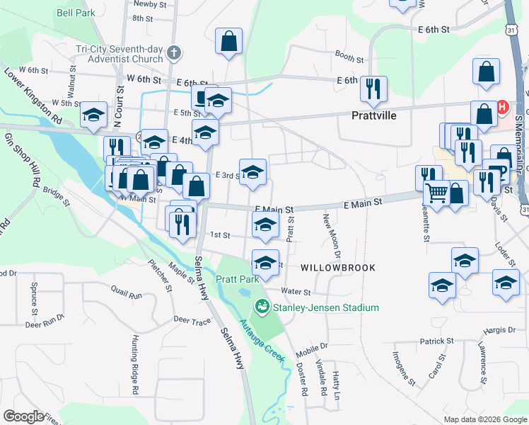 map of restaurants, bars, coffee shops, grocery stores, and more near 306 Moncrief Street in Prattville
