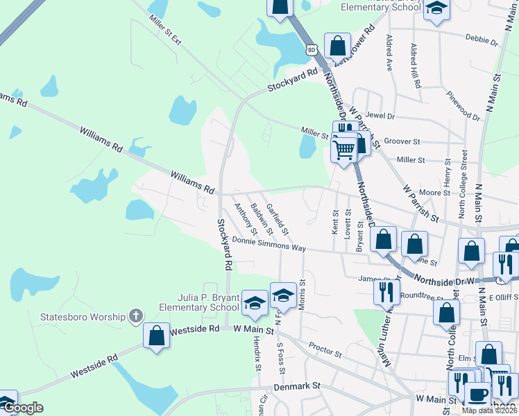map of restaurants, bars, coffee shops, grocery stores, and more near 113 Anthony Street in Statesboro
