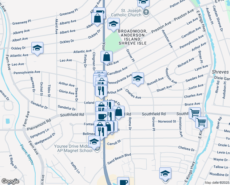 map of restaurants, bars, coffee shops, grocery stores, and more near 249 Roma Drive in Shreveport