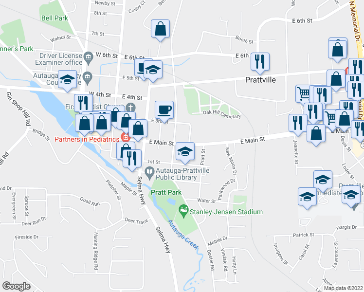 map of restaurants, bars, coffee shops, grocery stores, and more near 322 East Main Street in Prattville