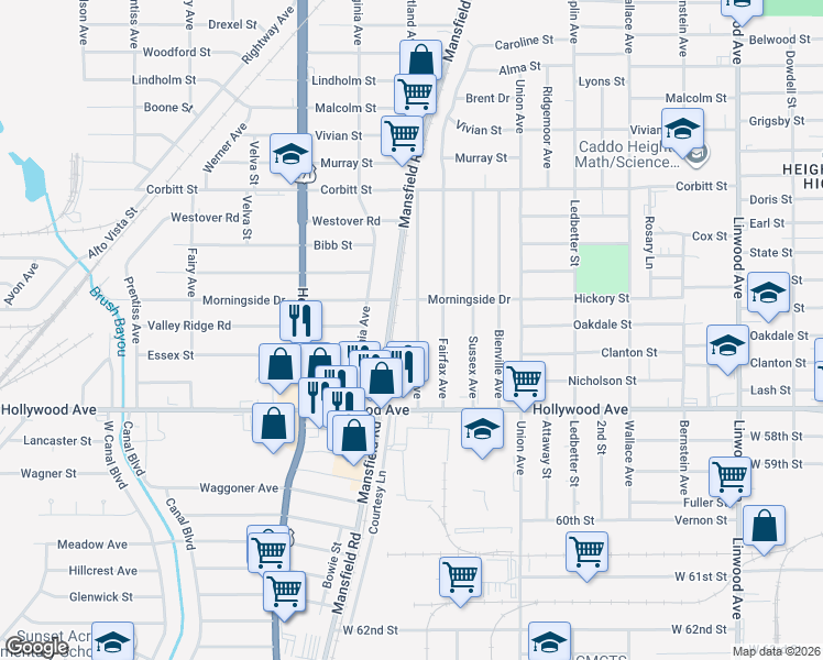 map of restaurants, bars, coffee shops, grocery stores, and more near 5504 Kent Avenue in Shreveport