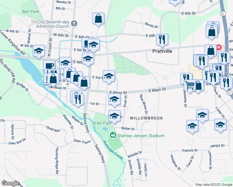 map of restaurants, bars, coffee shops, grocery stores, and more near 302 Moncrief Street in Prattville