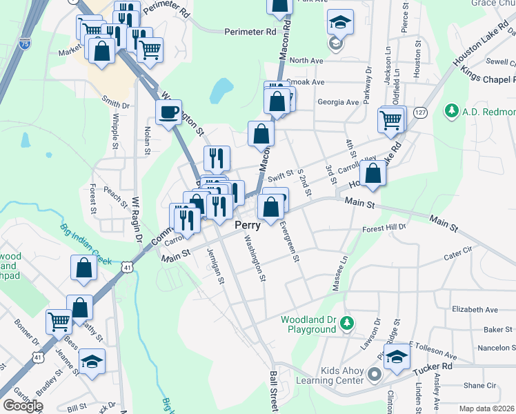 map of restaurants, bars, coffee shops, grocery stores, and more near in Perry