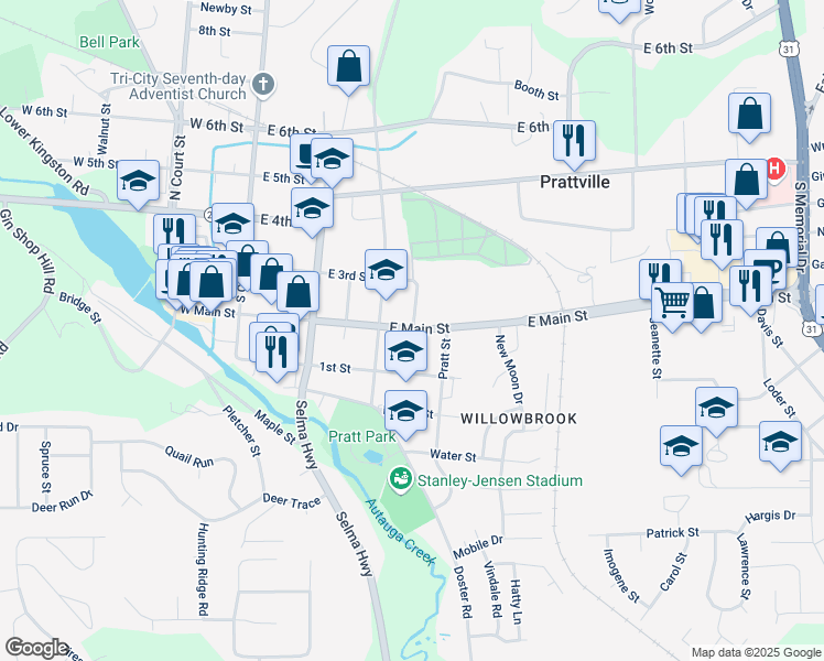 map of restaurants, bars, coffee shops, grocery stores, and more near 329 Moncrief Street in Prattville