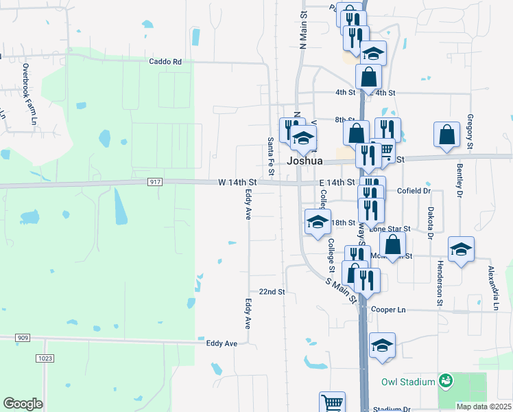 map of restaurants, bars, coffee shops, grocery stores, and more near 109 Oak Street in Joshua