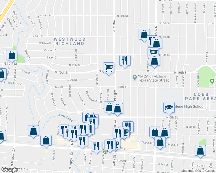 map of restaurants, bars, coffee shops, grocery stores, and more near 3418 State Street in Abilene