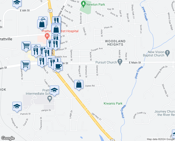 map of restaurants, bars, coffee shops, grocery stores, and more near 900 Deramus Street in Prattville