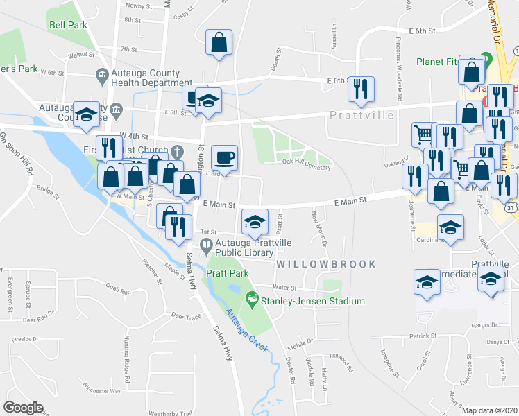 map of restaurants, bars, coffee shops, grocery stores, and more near 300 Moncrief Street in Prattville