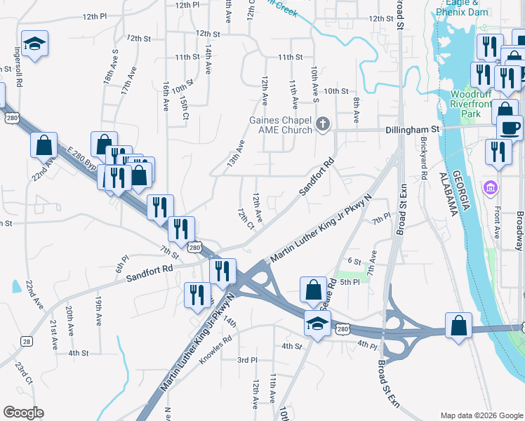 map of restaurants, bars, coffee shops, grocery stores, and more near 702 12th Court in Phenix City